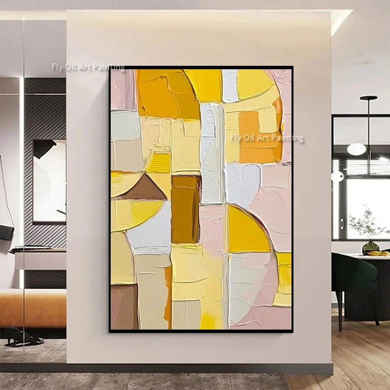 Fashional Yellow Beige Orange Handmade Simiple Blocks Oil Painting On Canvas Hand Made Grey Blue Wall Art For Room Hall Decor