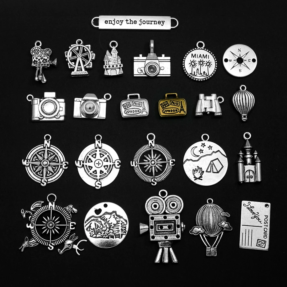 10pcs/lot Antique Travel Journey Charms Hot-air Balloon Compass Camping Suitcase Pendant For Diy Jewelry Making Accessories