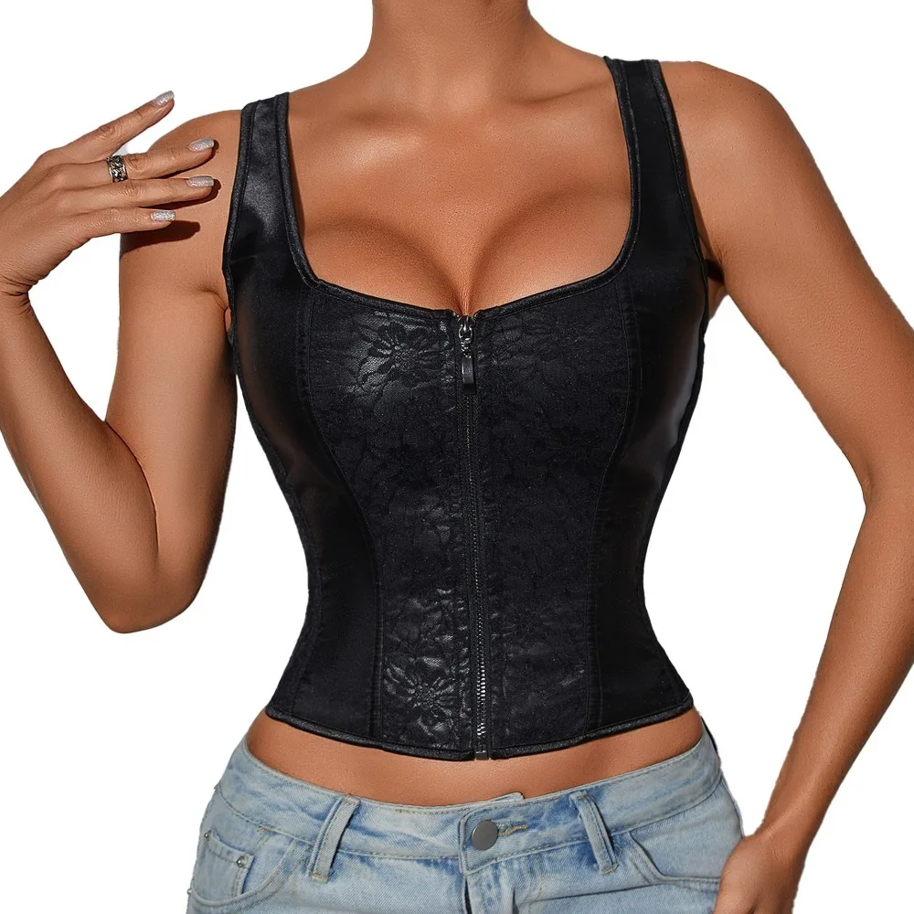 Women's Fishbone Pattern Embroidered Slimming Crop Top Zipper Waist Shaper Vest Underwear Tummy Control Butt Lifting