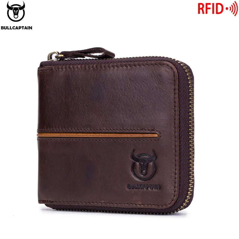 BULLCAPTAIN Genuine Leather Men\'s Wallet Vintage Zipper with Partition Clip RFID Credit Card Holder Burglar Leather Mini Wallet