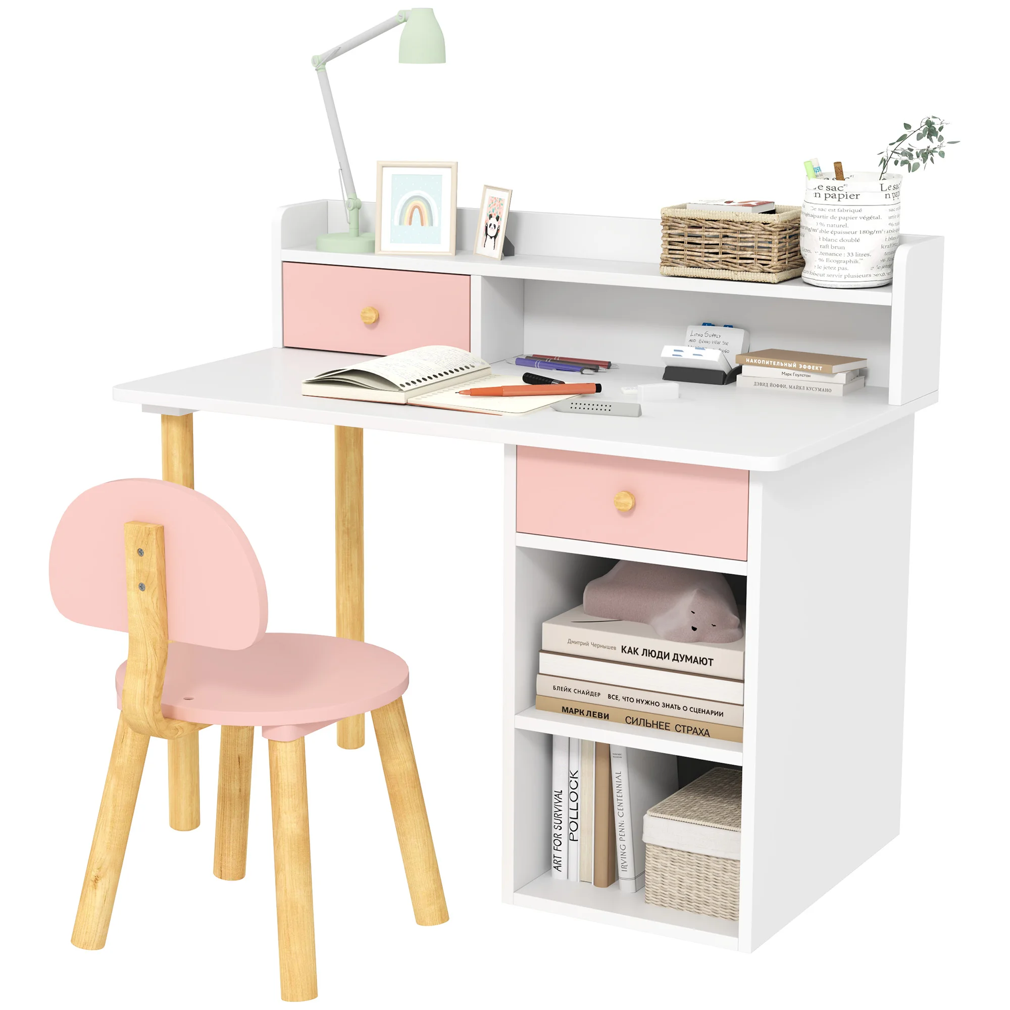 

2 Pieces Children Study Table with Hutch, Kids Desk and Chair Set with Storage, Drawer, Shelves, Pink