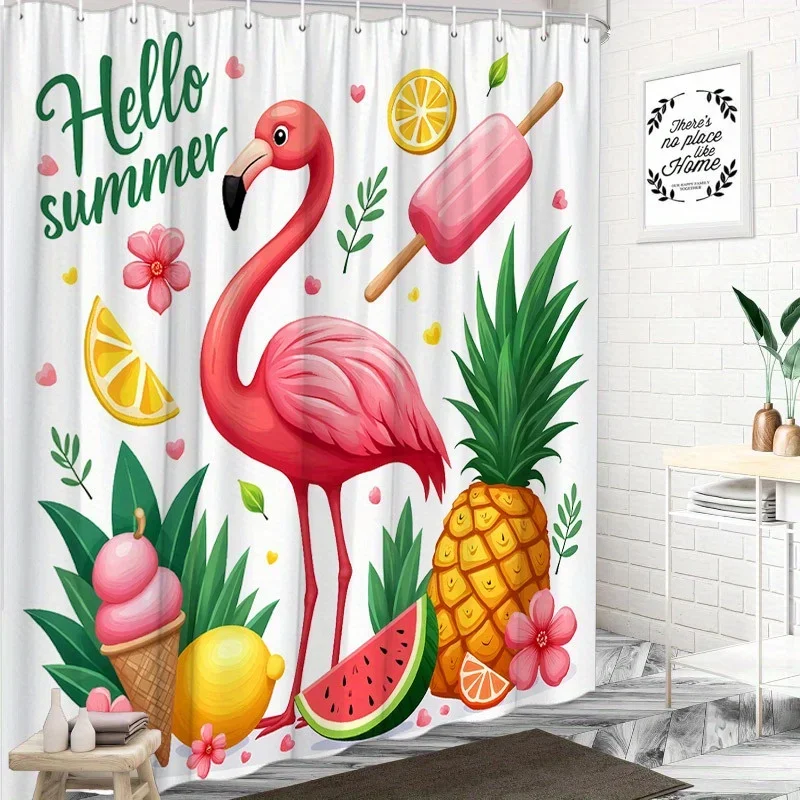 

~O~Hello Summer Flamingo Shower Curtain - Tropical Fruits & Ice Cream, 70.8x70.8", Polyester, 12 Hooks, Vibrant Bathroom Decor