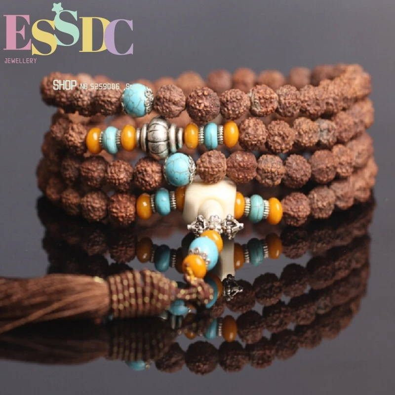 Buddhist 8mm Natural Tibetan Rudraksha Bodhi Seed 108 Mala Jingang Pestle Bone Fringes Prayer Bracelet or Necklace Wholesale