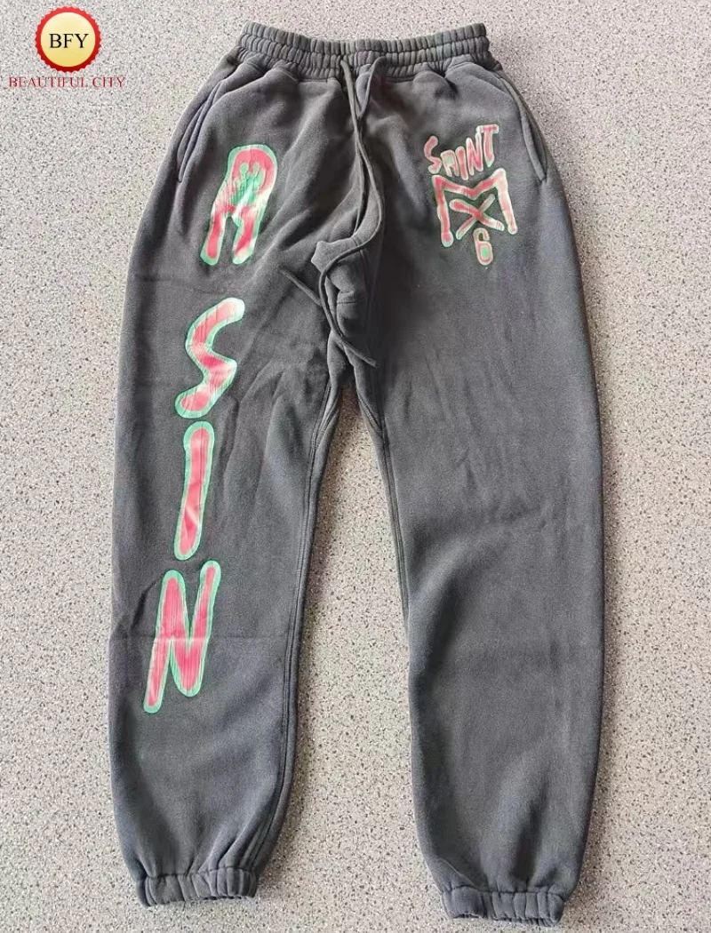 Women's Men's Saint SS24 Washed Graffiti Letters Printed Drawstring Pants Casual Loose Sports SAINT Sweatpants