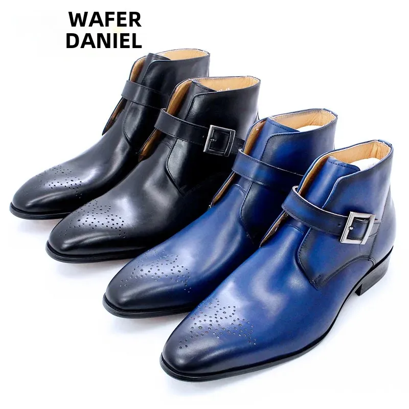 Luxury Men\'s Genuine Leather Ankle Boots Black/Blue Pointed Toe Slip-On Dress Shoes with Buckle Strap Casual Basic Style