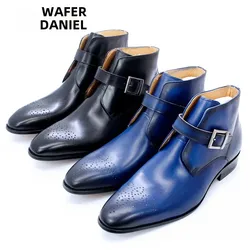 Luxury Men's Genuine Leather Ankle Boots Black/Blue Pointed Toe Slip-On Dress Shoes with Buckle Strap Casual Basic Style