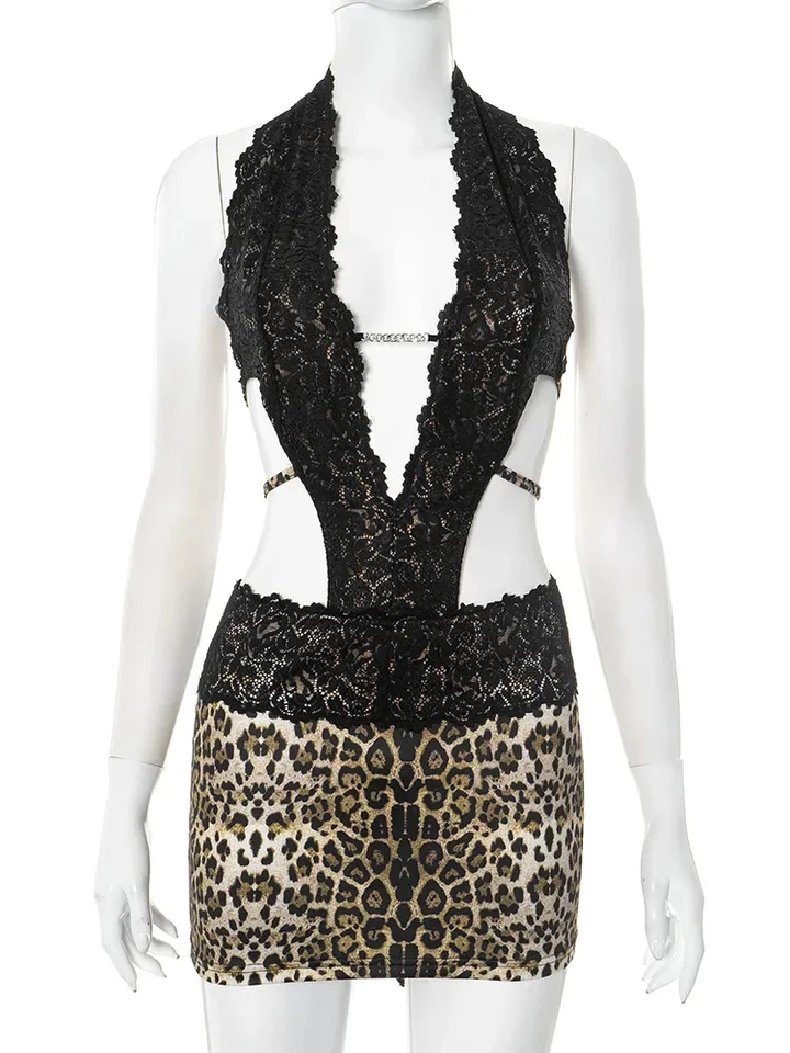 Jacquard Patchwork Sexy Dress Women Sleeveless Halter Sexy Backless Sexy Summer Fashion Hollow Elegant Club Mini Bodycon