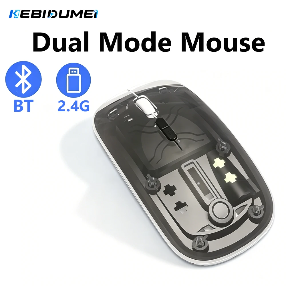 Mouse Sem Fio Transparente KEBIDUMEI, Modo Duplo 2.4G BT, Mouse Gamer Recarregável com DPI Ajustável, Silencioso para Laptop e PC