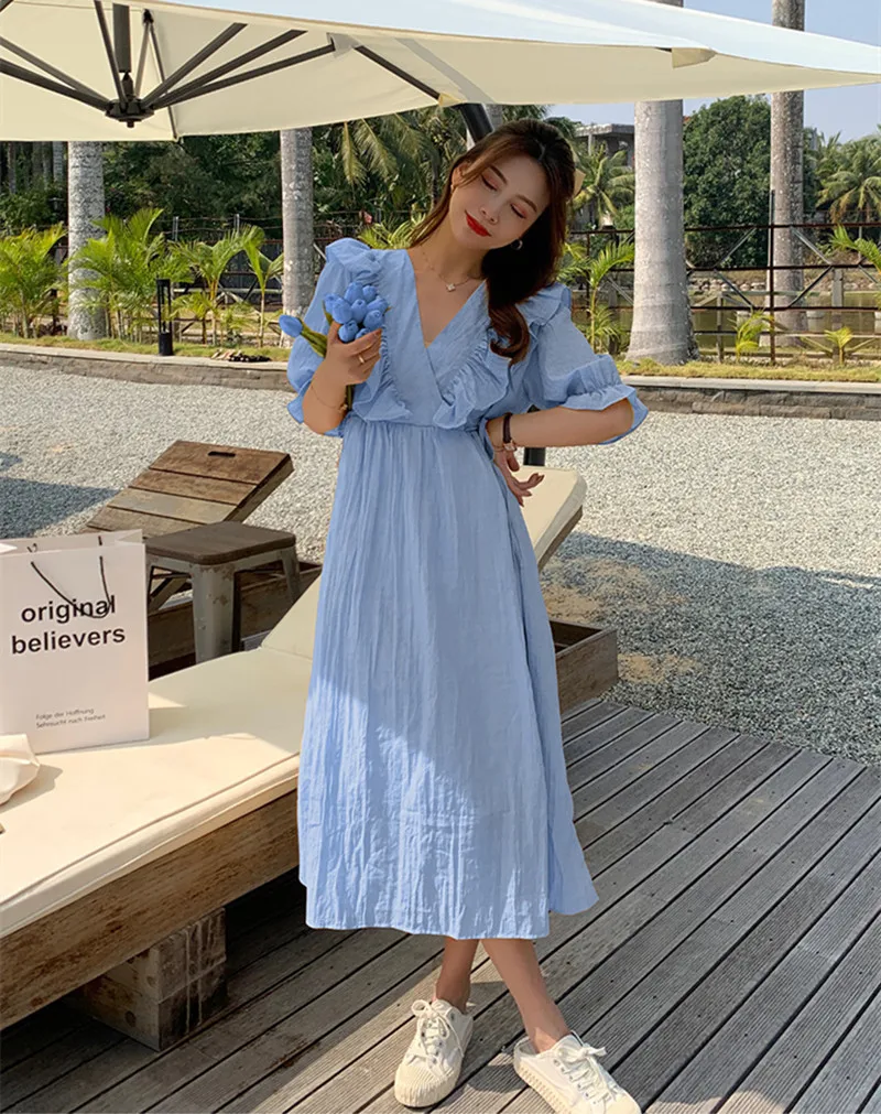 Fashion Runway Vintage Casual Dress 2022 Summer Women Short Sleeve V Neck  Fungus Edge Lace Up Belt Elegant Party Vestidos