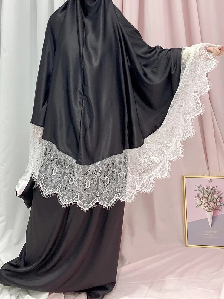 Imagem -04 - Vestuário de Oração Muçulmana para Mulheres Khimar Longo Robe Ramadã Swing Grande de Renda Saias Maxi Kaftan Jilbab Islâmico Conjunto de Peças