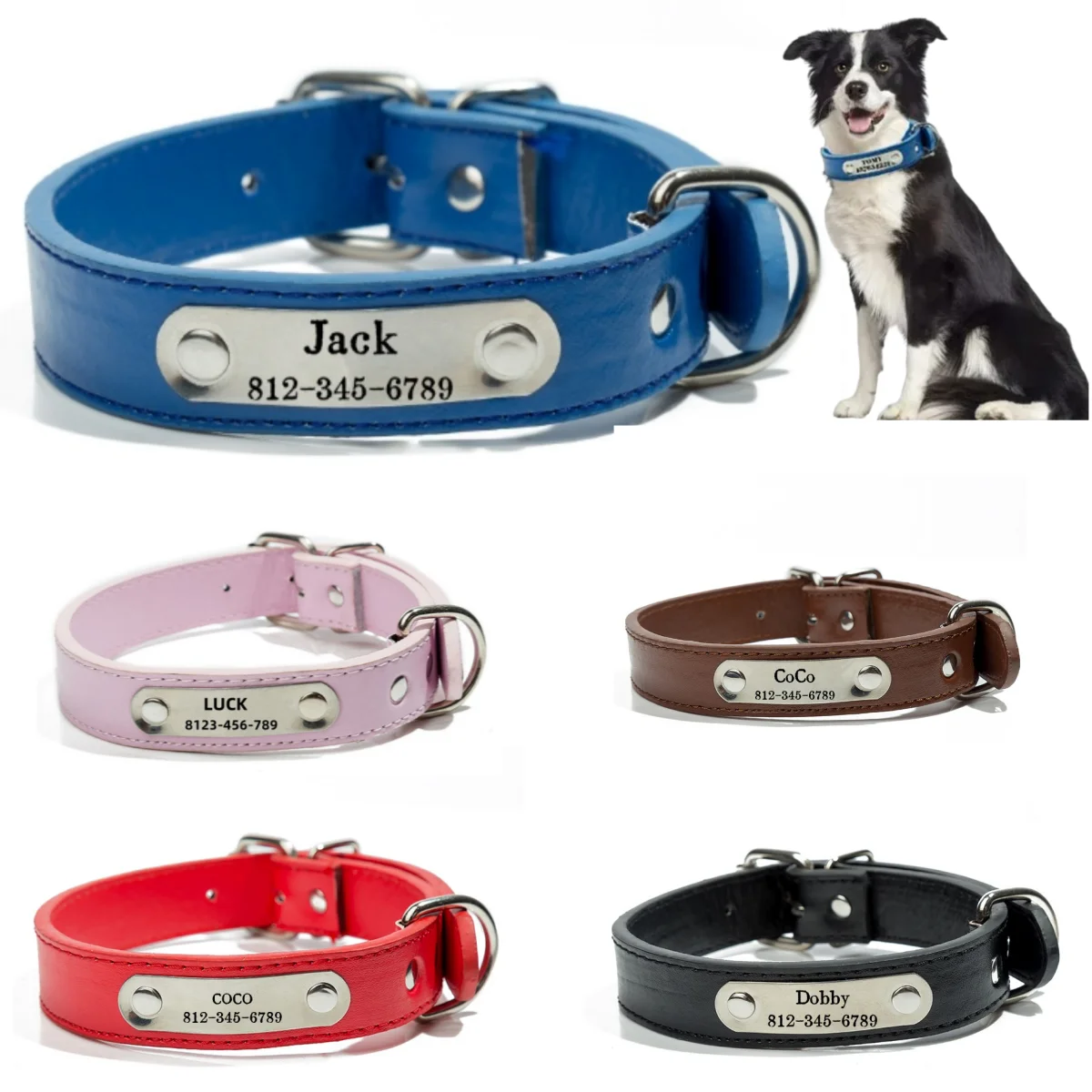Personalisiertes Hundehalsband mit Namen, geschnitzt, ID-Tag, Anti-Verlust, solides PU-Lederhalsband für kleine, mittelgroße und große Hunde, Welpen, Katzen, Heimtierbedarf – Detail 1