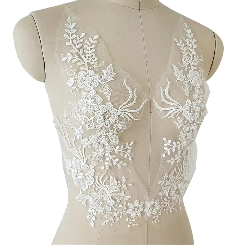

3D Flower Embroidery Lace Trim White Sequin Bead Floral Embroidered Sew on Applique Patches for Bridal Wedding Dress Gown Bod
