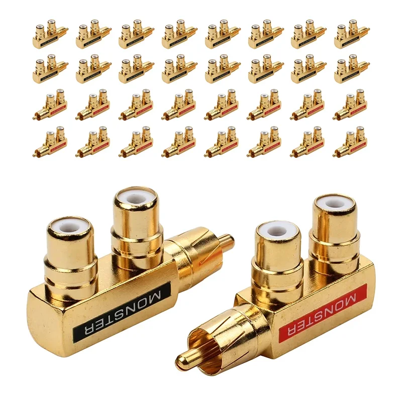 

2/4/8/16PCS Two Three-way Gold Plated RCA One Point Plug Monster Lotus RCA 1 Male to 2 Female AV Audio Adapter RCA Connector