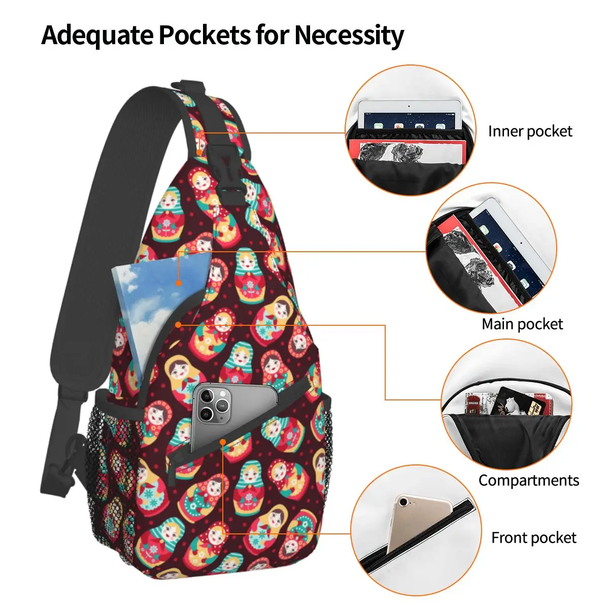 Matryoshka Russian Doll Sling Bag Chest Crossbody Shoulder Sling Backpack Outdoor Hiking Daypacks Cartoon Anime Fashion Bag