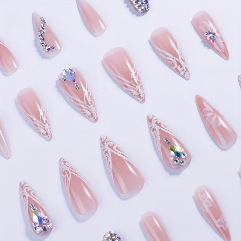 24 pièces printemps/été brillant longues amande strass ongles à pression, faux ongles mi-longs avec diverses combinaisons de strass