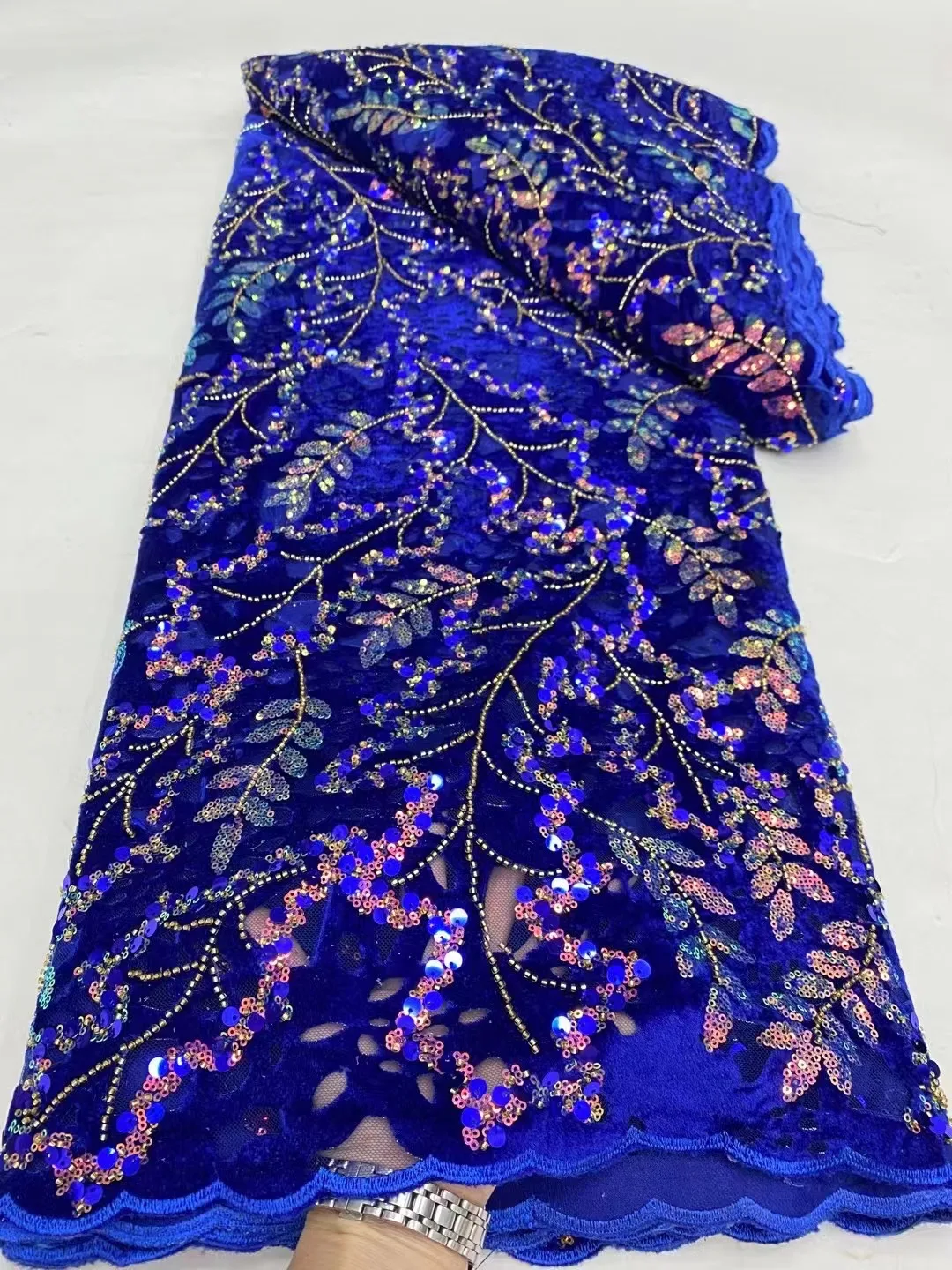 Royal Blue African Velvet Lace Fabric 5 Yards 2024 High Quality Nigerian Velvet Lace Fabrics With Sequins For Sew Women Dress