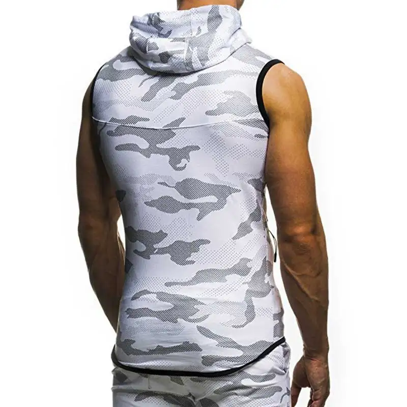 Male Summer Sweatshirt Men Slim Tank Top Camouflage Gyms Fitness Zipper Hooded Vest Sleeveless Hoodie Tops Tees MY078