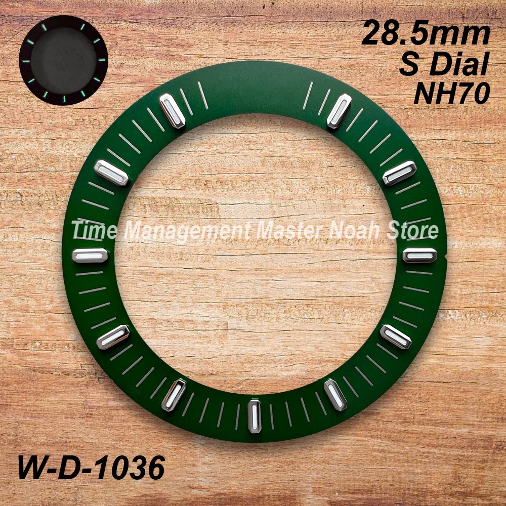 28.5 ミリメートル S ロゴ中空高品質ダイヤルフィット NH70 ムーブメントグリーン夜光時計修正アクセサリー