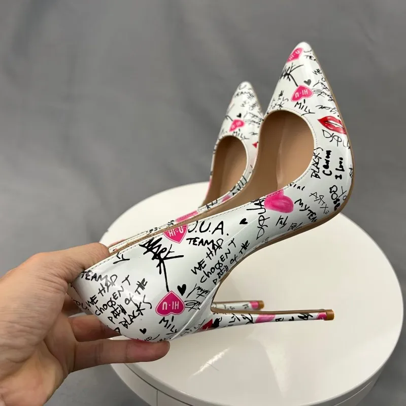 Veowalk White Artistic Graffiti Print Women Sexy Pointed Toe High Heel Shoes Slip on Stiletto Party Dress Shoes Plus Size 33-46