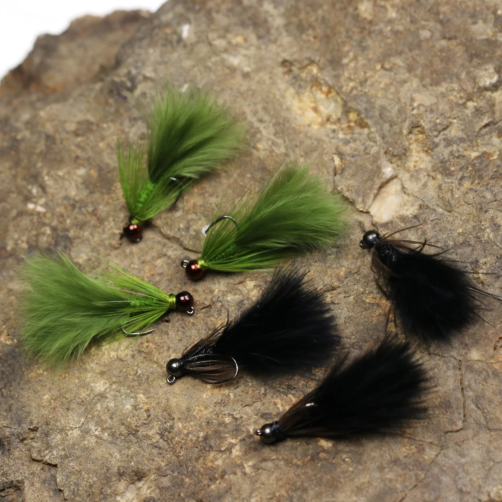 Wifreo 6PCS #12 Tungsten Beadhead Jig Woolly Bugger Streamers Fly for Trout Salmon Pike Bass Fishing Lures Bait Olive Black