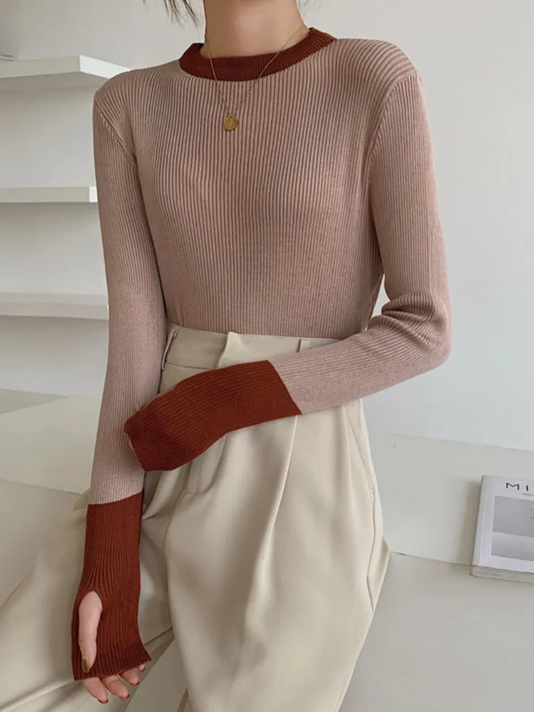 Damskie swetry dziergane jesienno-zimowa Patchwork Vintage sweter Femme wokół szyi wąski sweter Mujer 2022 Basi z długim rękawem Top