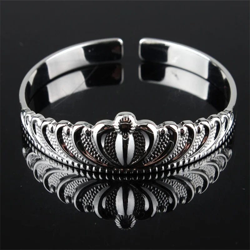 999 Sterling Silver Open Cuff Bangle for Women 3D Embossed Crown Pattern Polished Mirror Bracelet Elegant Princess Stackable Fin