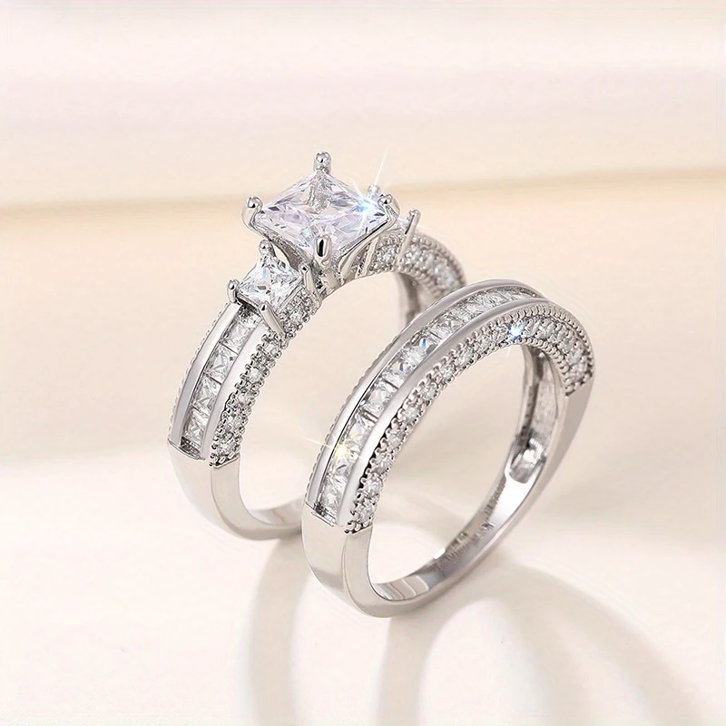2pcs Men's & Women's -Coated White Square Synthetic Synthetic Cubic Zirconiaia Rings - Suitable for Wedding