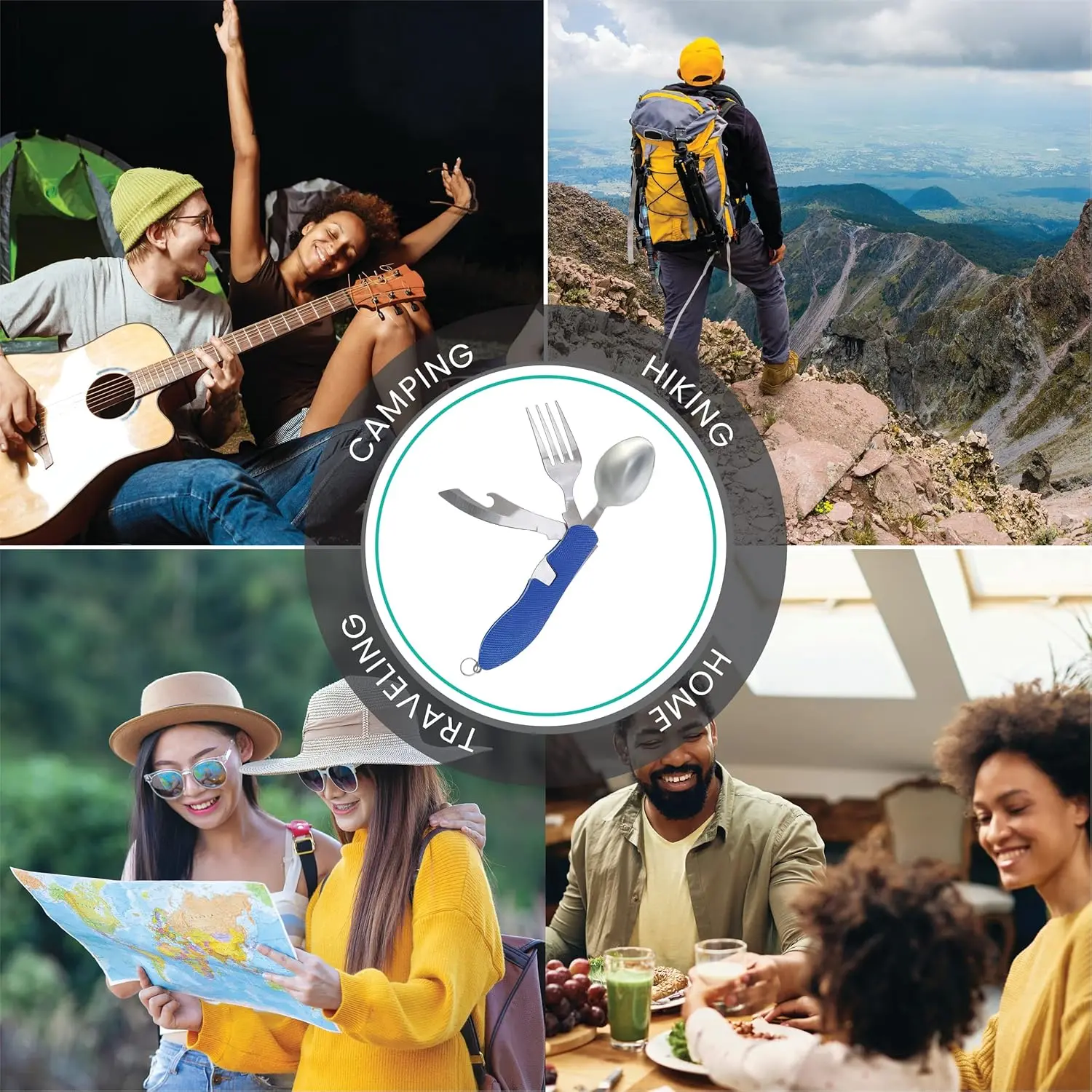 طقم أدوات مائدة محمول من الفولاذ المقاوم للصدأ ، متين وصغير الحجم ، ملعقة قابلة للطي ، شوكة ، سكين ، فتاحةزجاجات للمخمرة المثيرة ، 4 في 1