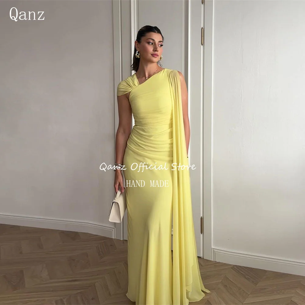 Qanz Formal Chiffon Arabic Evening Dresses One Shoulder Floor Length Abendkleider Dubai Elegant Mermaid Party Dresses Customized