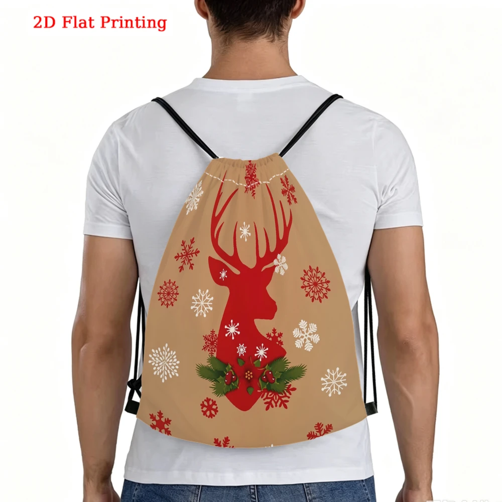Christmas Red Deer Snowflake 2D Printed Drawstring Backpack for Sports Fitness Outdoor Travel
