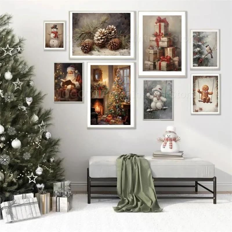 

Winter Wall Art Oil Painting - Christmas Tree Snowman Pine Cone Santa Claus Gift Theme Decorative Living Room Posters And Prints