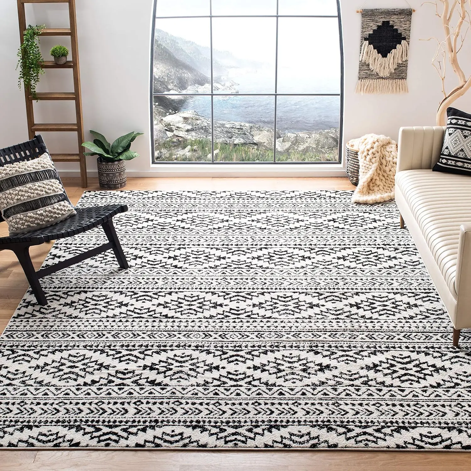 

Tulum Collection X-Large Area Rug - 12' x 15', Ivory & Black, Moroccan Boho Tribal Design, living room decoration