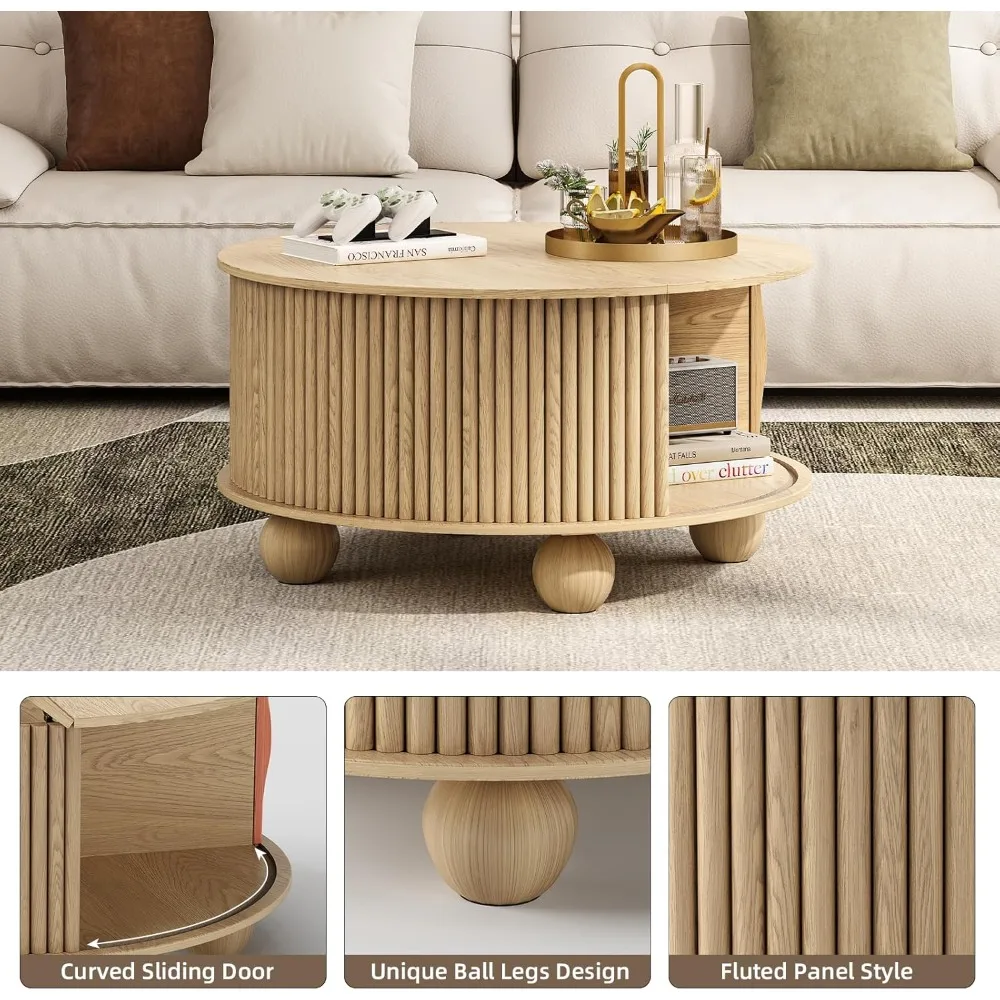 Mid-Century Modern Fluted Coffee Table with Storage for Small Living Rooms