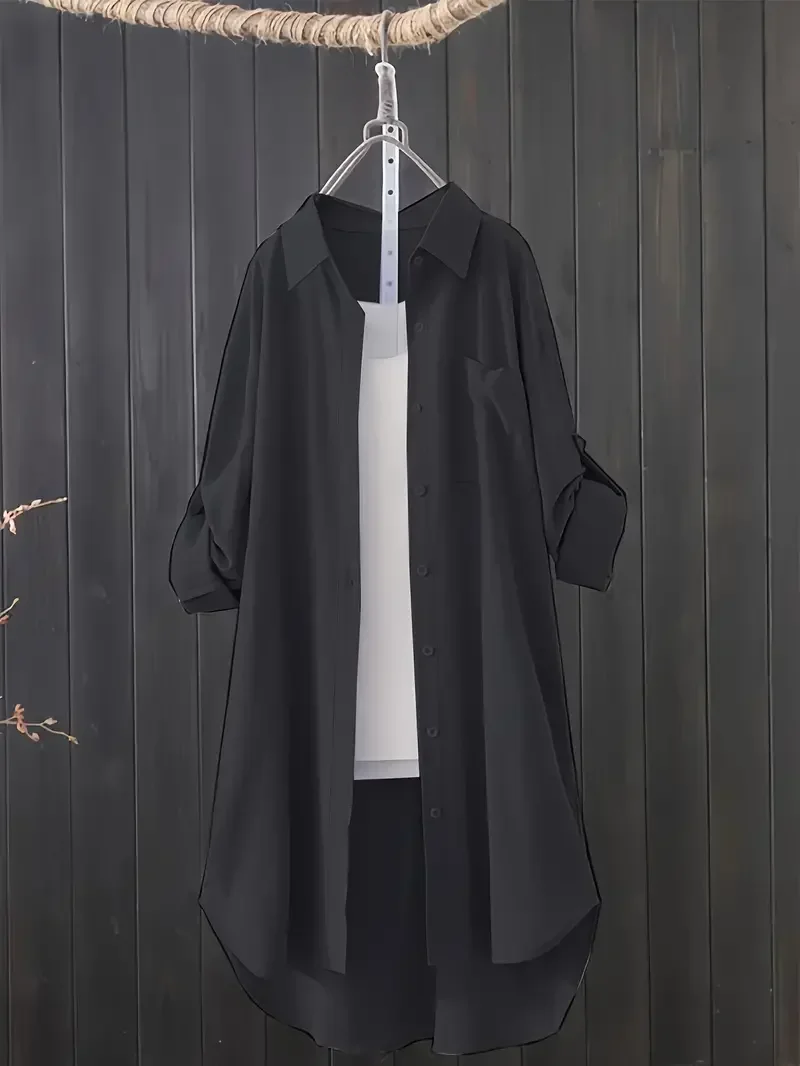 Women\'s Plus Size 1XL-5XL Casual Solid Color Button Up Blouse Ladies Fashion Roll Up Sleeves Turndown Collar Shirt