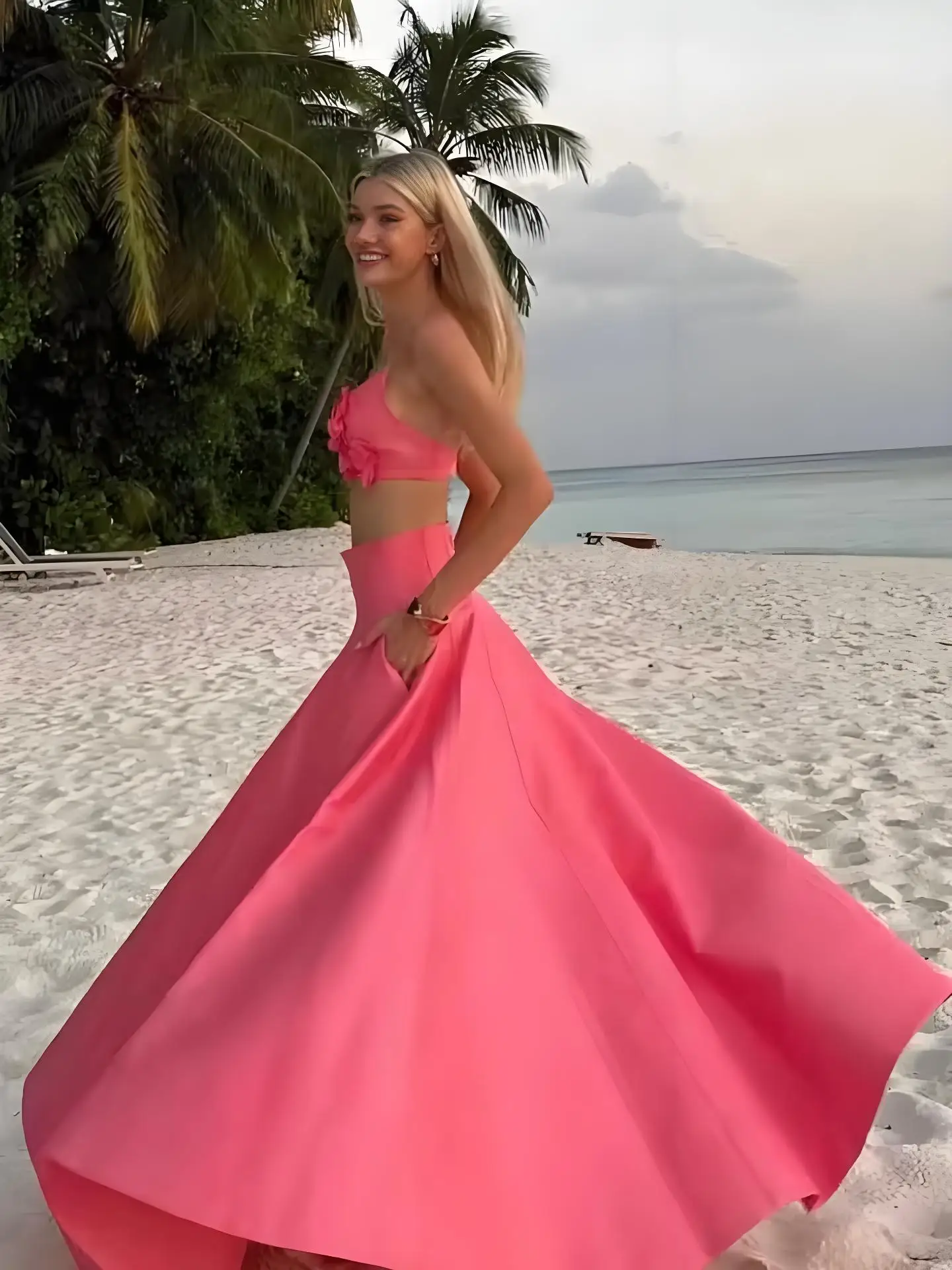 VEITCHE الربيع الصيف النساء الوردي زهرة اقتصاص تنورة مجموعة موضة عالية الخصر تنورة طويلة 2 قطعة دعوى مهنة الشاطئ الزي