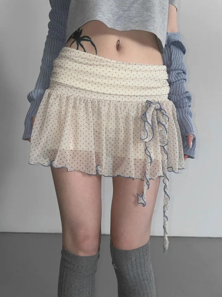 

Korean Bow Tie Polka Dot Skirt Women's High-Waist Vintage Slim Fit Casual Mini Skirts 2025 Summer Fashion Vacation Beach Style