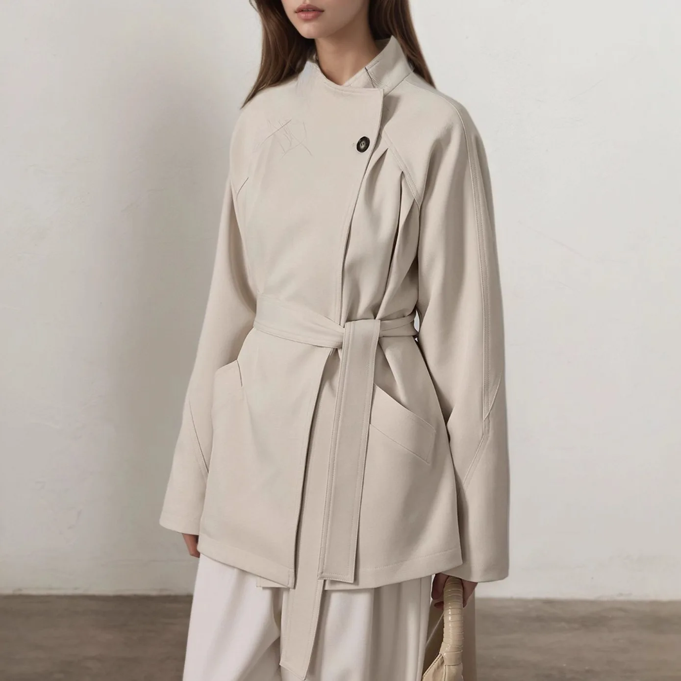 

New Autumn Collection Women's Stand Collar Windbreaker with Tie Waist, Versatile Oversized Jacket Short Coat.