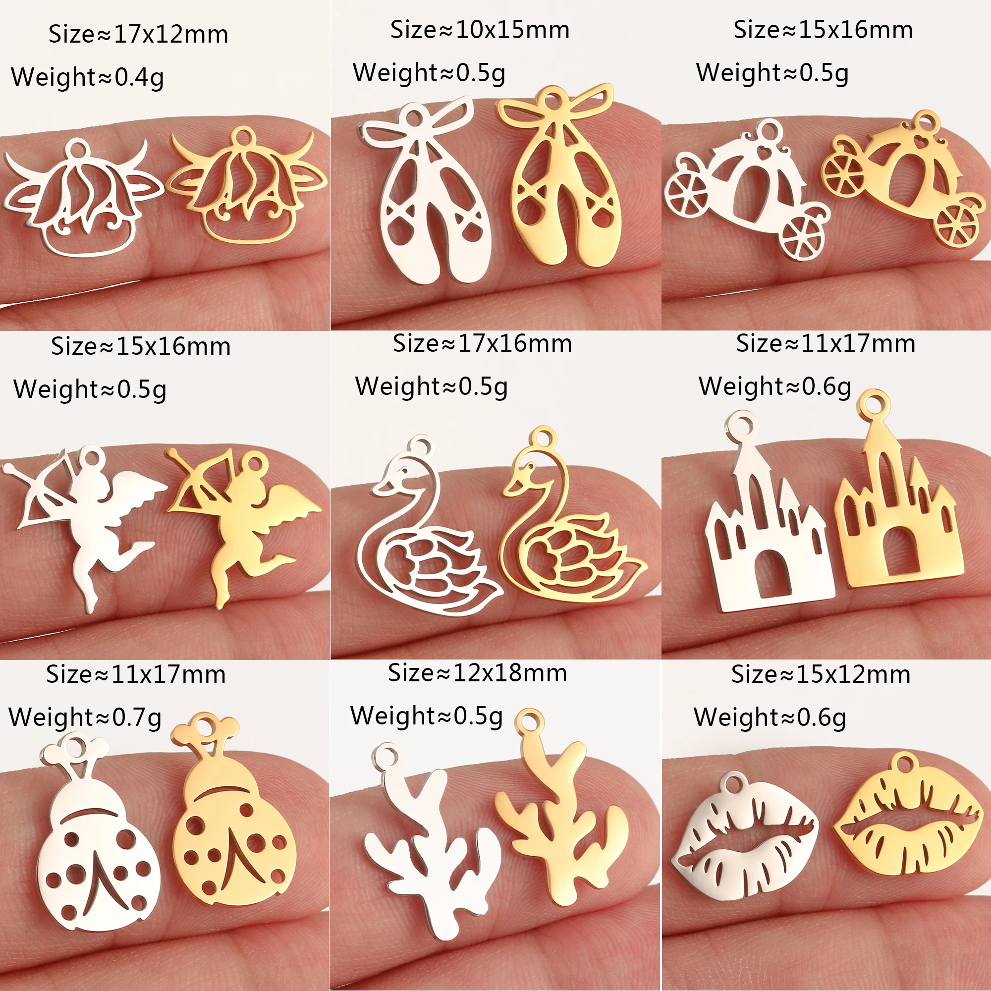 5Pcs Ballet Shoe/Love Angel/Lip Charm Stainless Steel Fadeless Fantastical Castle Pendant DIY Necklaces Bracelet Jewelry Making