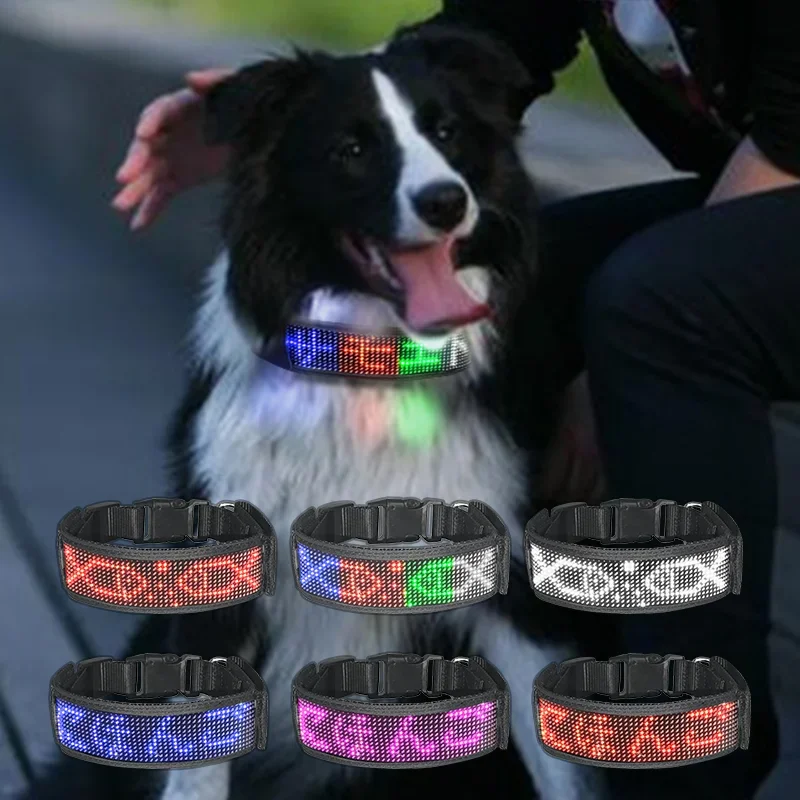 LED Dog Collar DIY ID LED Tag Nameplate Night Glowing Pet Collars Adjustable Safety Puppy Collar for Small Medium Large Dogs