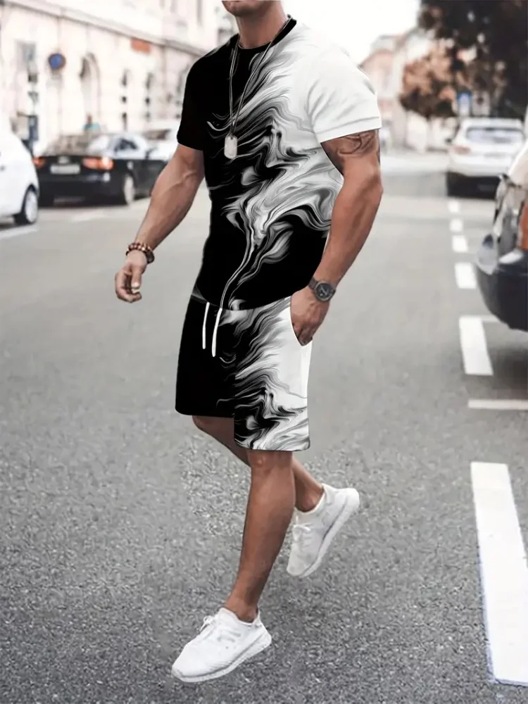 

Новый повседневный мужской комплект 2025 года с креативными черно-белыми узорами и принтами для летней уличной моды, дышащим
