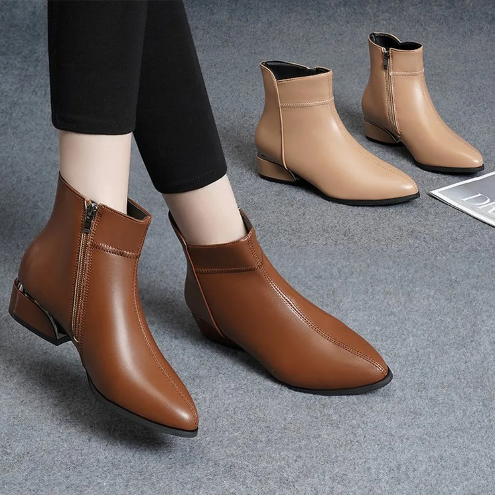 2026 Neue Damenstiefel Mode Lässige Lederstiefel Spitze Formelle Büroschuhe für Frauen Reißverschluss-Knöchelstiefel – Detail 25