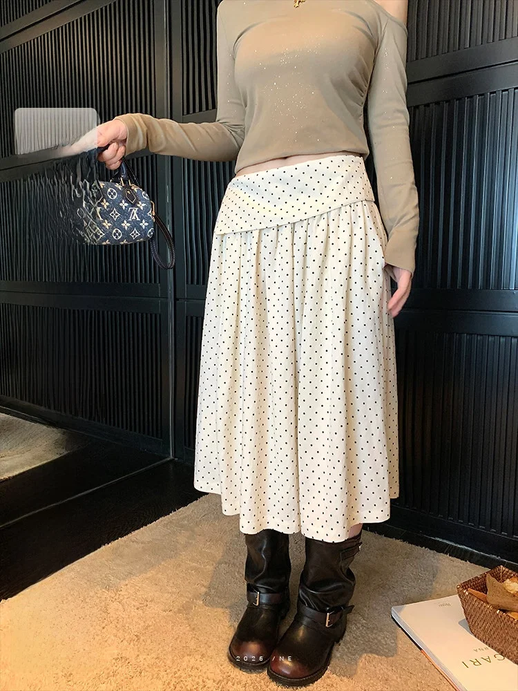 

Женская пышная миди-юбка LUU Tassel Happy белого цвета в горошек, А-силуэт, весна-осень, дизайнерская, асимметричная, средней длины