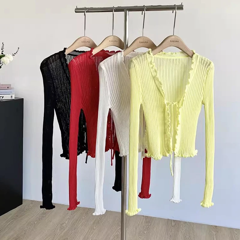 

Ribbed Knit Cardigan with Tie Front Ruffled Trim Crop Tops Lightweight Sheer Fitted Cardigan for Women Teen-girl Y2K Outfit