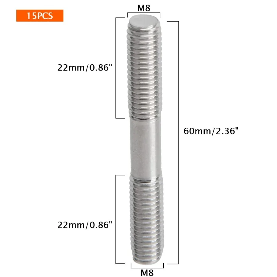 15 قطعة مسامير مزدوجة نهاية M8 x 60 مللي متر 304 الفولاذ المقاوم للصدأ دفع الطريق نهاية مزدوجة الخيوط مسمار مزلاج للمنزل Mnce