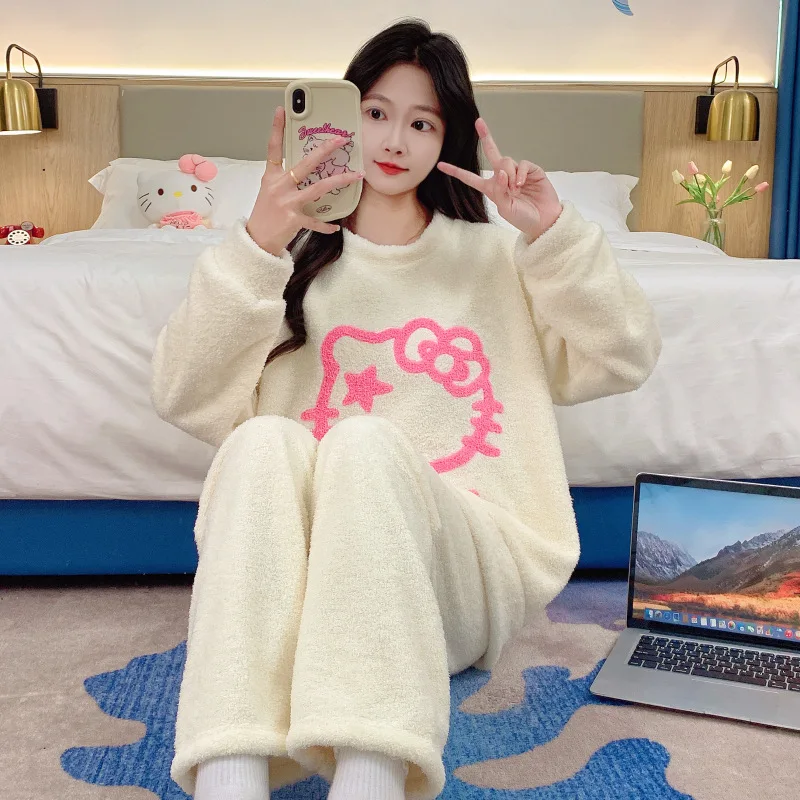 

2Pcs Kitty Cat Cartoon Anime Women Plush Pajamas Set Autumn Winter Loose Coral Fleece Warm Homewear Girl Kawaii Nightwear