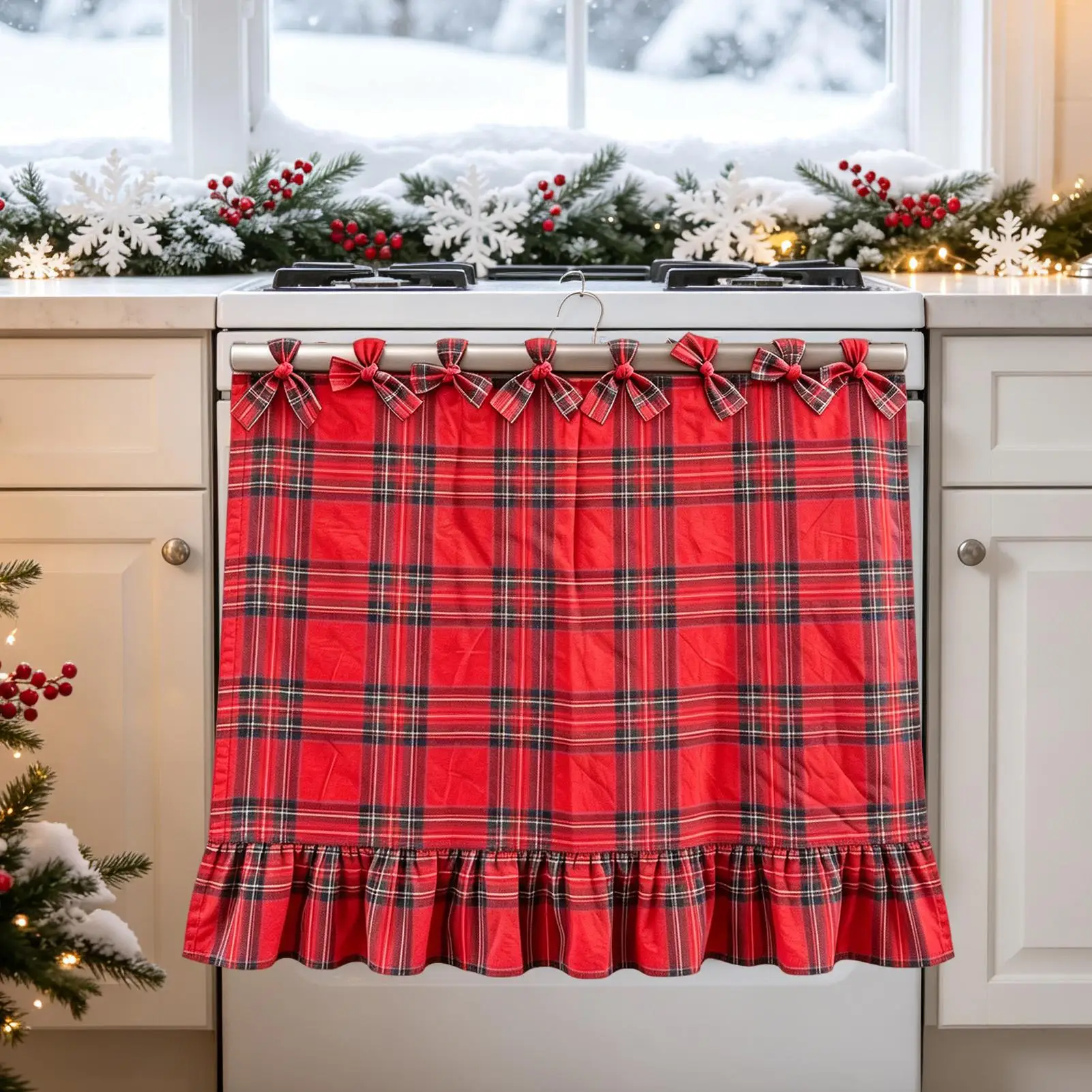 1Pc Christmas Plaid Valance Vintage Farmhouse Oven Curtain Dark Green Tie Bows Ruffle Hem Short Decorative Kitchen Curtain