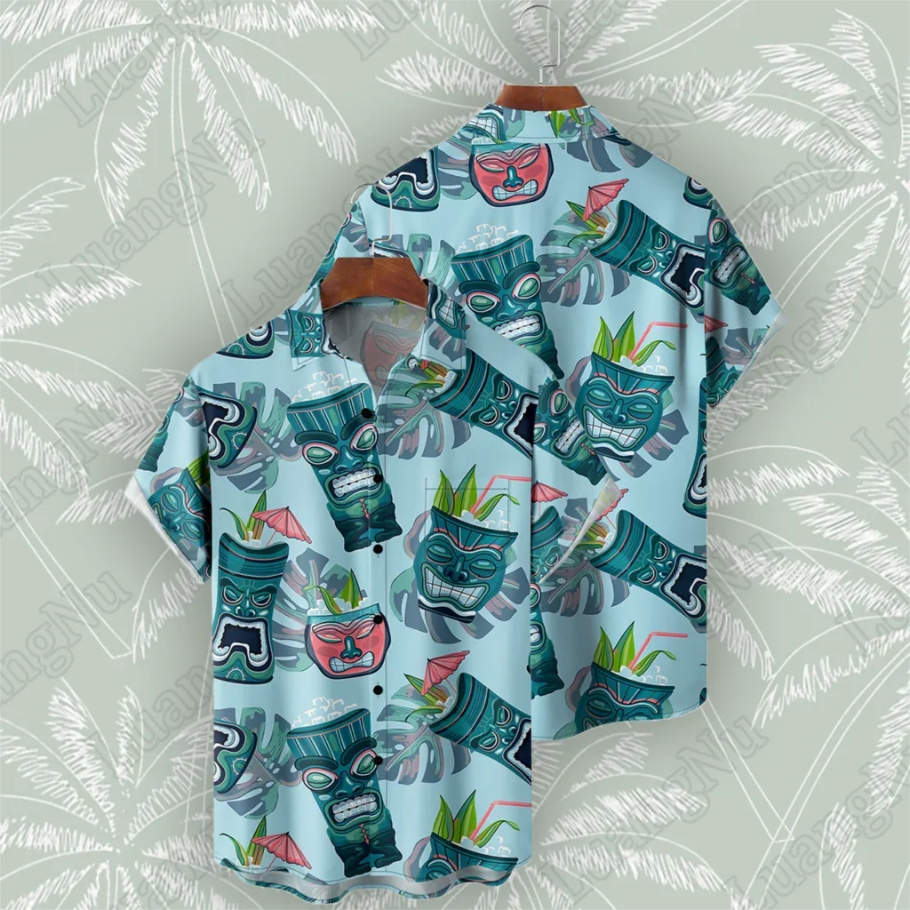 

Hawaiian Shirt Man Tiki Print Bar Short Sleeve Tops Oversized Chemise Homme Shirts for Men Casual Beach Camisas Men's Tops