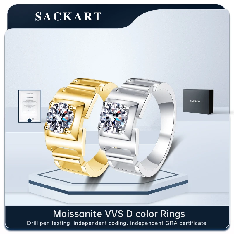 SACKART Men Rings 925 Silver Original Ring Classic Moissanite Certificate Pure Gold Plated Diamond Sterling 18k  Band Mens Vvs