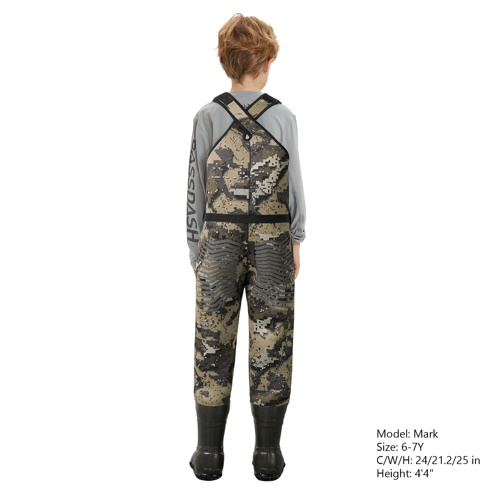 BASSDASH Kids Neoprene Chest Waders Bare Camo for Fishing Hunting with 600g Insulated Rubber Boot Foot for Children Youth