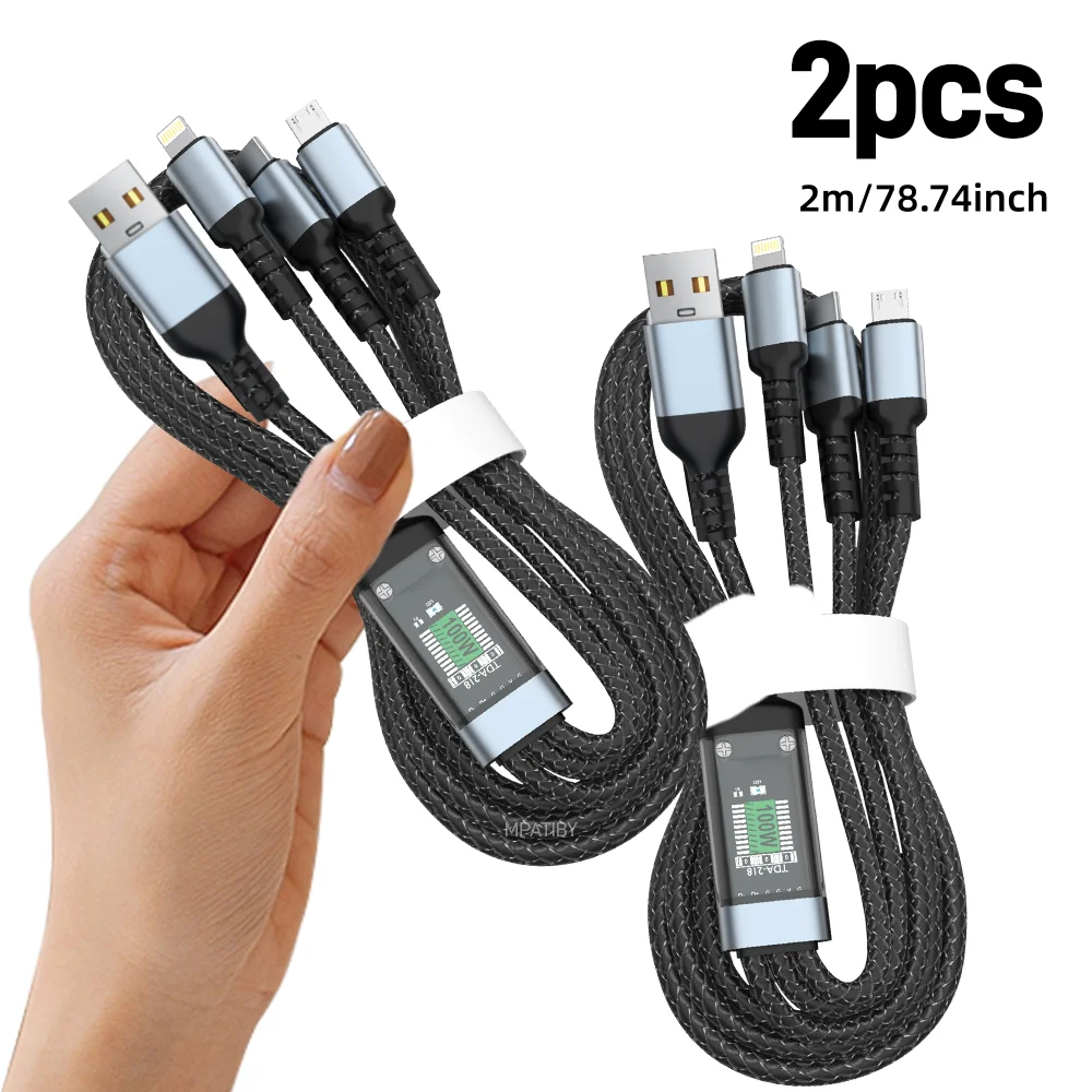 

2 шт., 2 м, 3-в-1 кабель для быстрой зарядки с портами Type-C, Micro USB, IP для Iphone/Samsung/Huawei/Xiaomi, многопортовый зарядный кабель